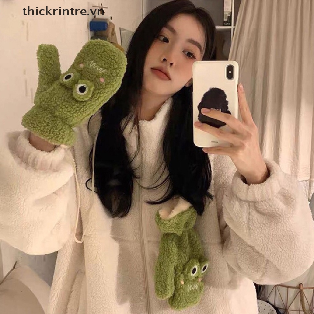 Găng Tay Len Lông Cừu Hở Ngón Dày Dặn Ấm Áp Thêu Hình Chú Ếch Đáng Yêu Cho Nữ