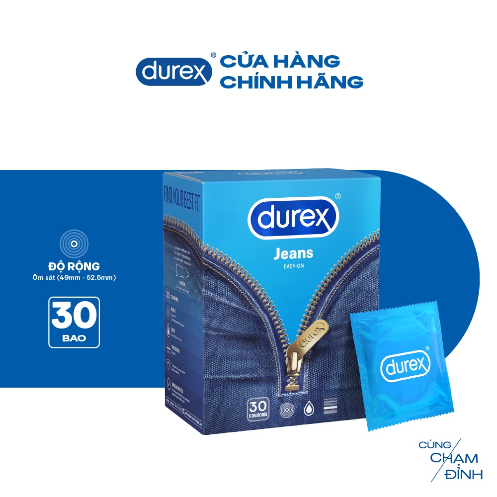 Bao cao su Durex Jeans cơ bản, bôi trơn, size 52.5mm, hộp 30 bao