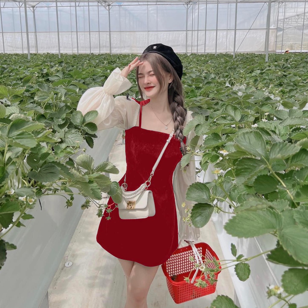 đầm voan bẹt vai rút nơ tay xinh GB040710