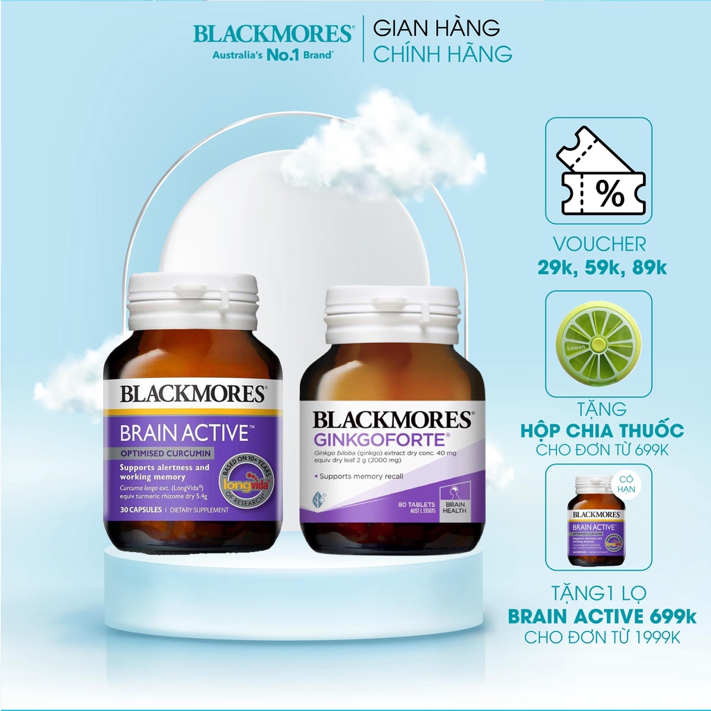 Combo cải thiện trí nhớ Blackmores Ginkgoforte và Blackmores Brain Active hỗ trợ an thần và tuần hoàn máu não
