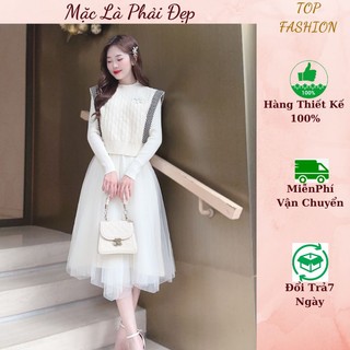 Set áy len mix Áo Ghile tiểu thư sang trọng, Đầm len phối dự tiệc mùa đông cao cấp, ấm áp