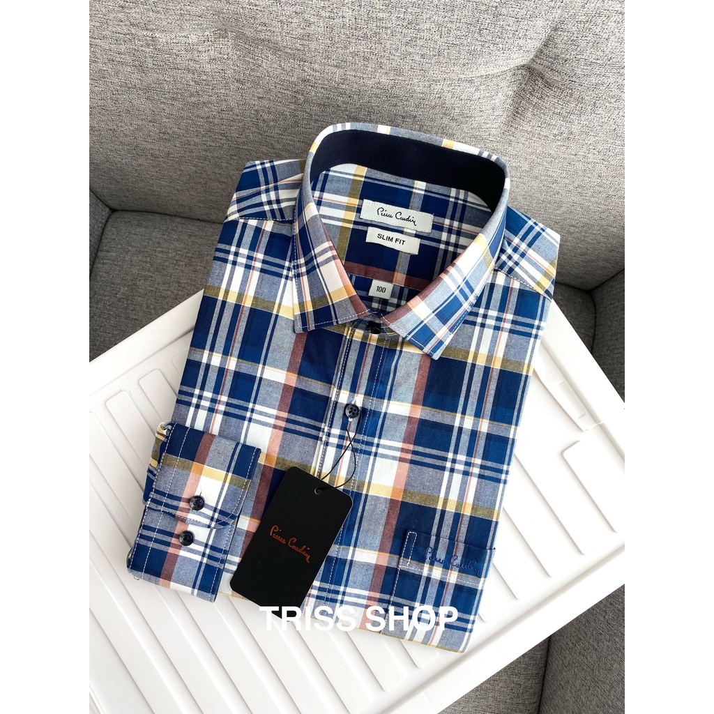 Áo sơ mi nam dài tay họa tiết caro cao cấp Pierre cardin 12 vải cotton chống nhăn form slimfit