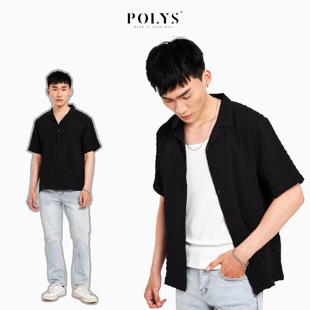 Áo sơ mi nam POLYS Fullbox, Vải Đũi Xốp Ô dập nổi dày dặn và cá tính. Áo sơ mi nam tay ngắn BEVIS