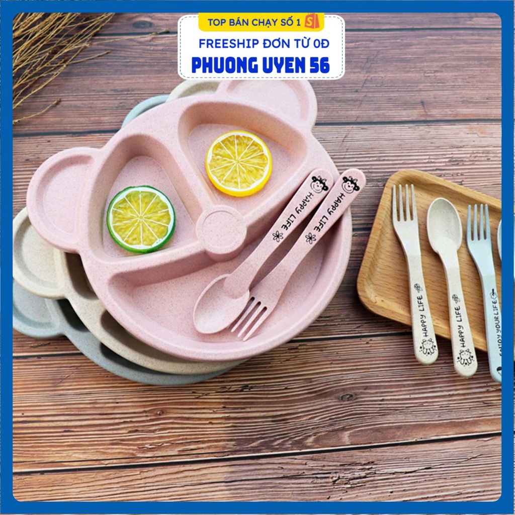 Set Bát Ăn Cơm 3 Ngăn MẶT GẤU V5 (TẶNG THÌA DĨA) Cho Bé - Chất Liệu Lúa Mạch An Toàn