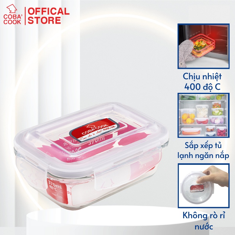 Hộp thủy tinh bảo quản thực phẩm chịu nhiệt COBA'COOK hình chữ nhật dung tích 370ml- CBHL370