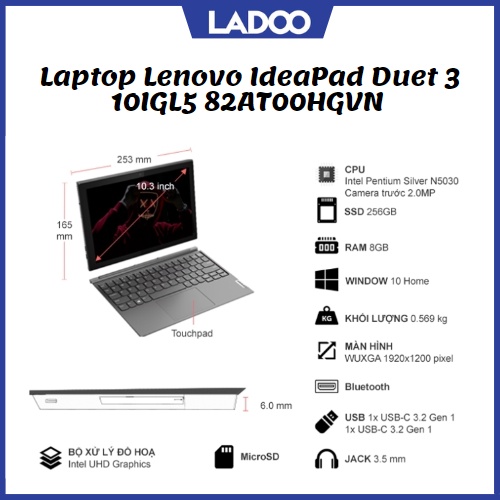 Máy Tính Bảng Lenovo IdeaPad Duet 3 10IGL5 82AT00HGVN (Pentium Silver N5030|8GB|256GB|Intel UHD|10.3inchWUXGA|Cảm ứng