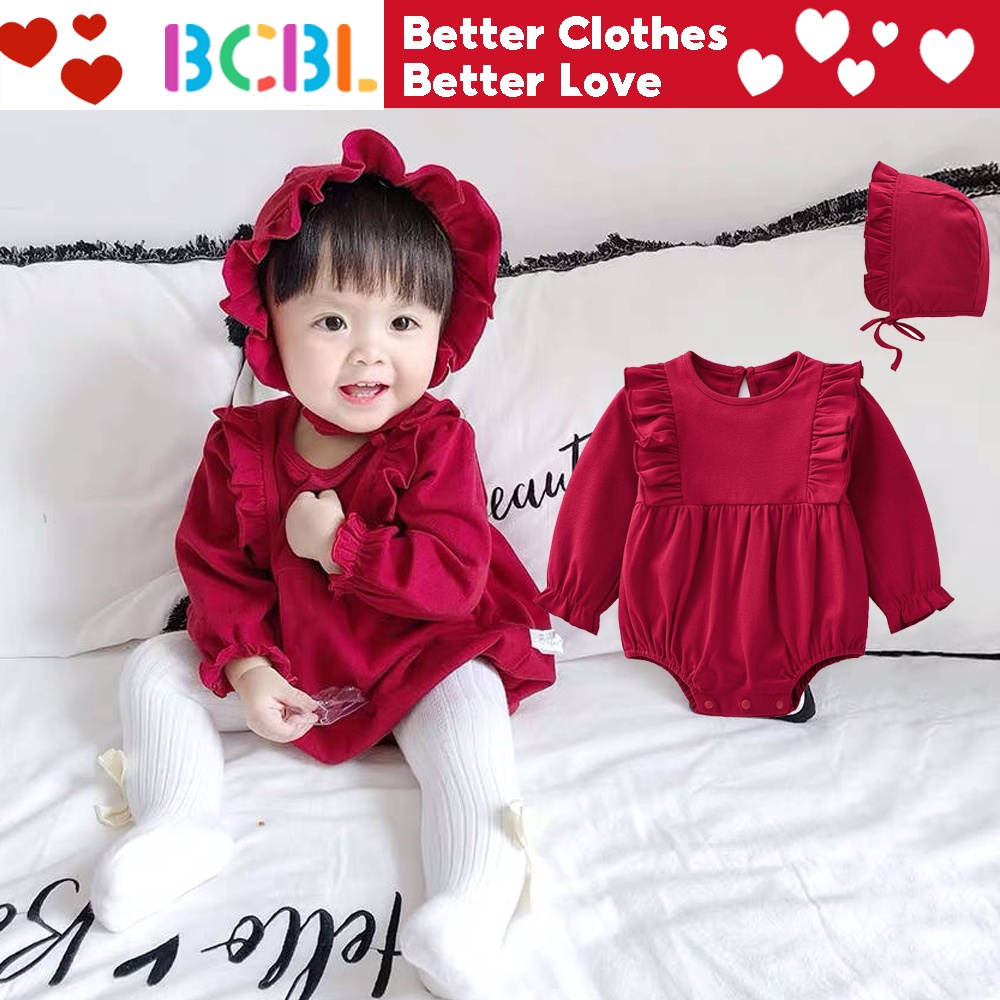 Set áo liền quần và mũ BCBL tay dài màu đỏ thời trang mùa xuân 2023 xinh xắn dành cho bé gái