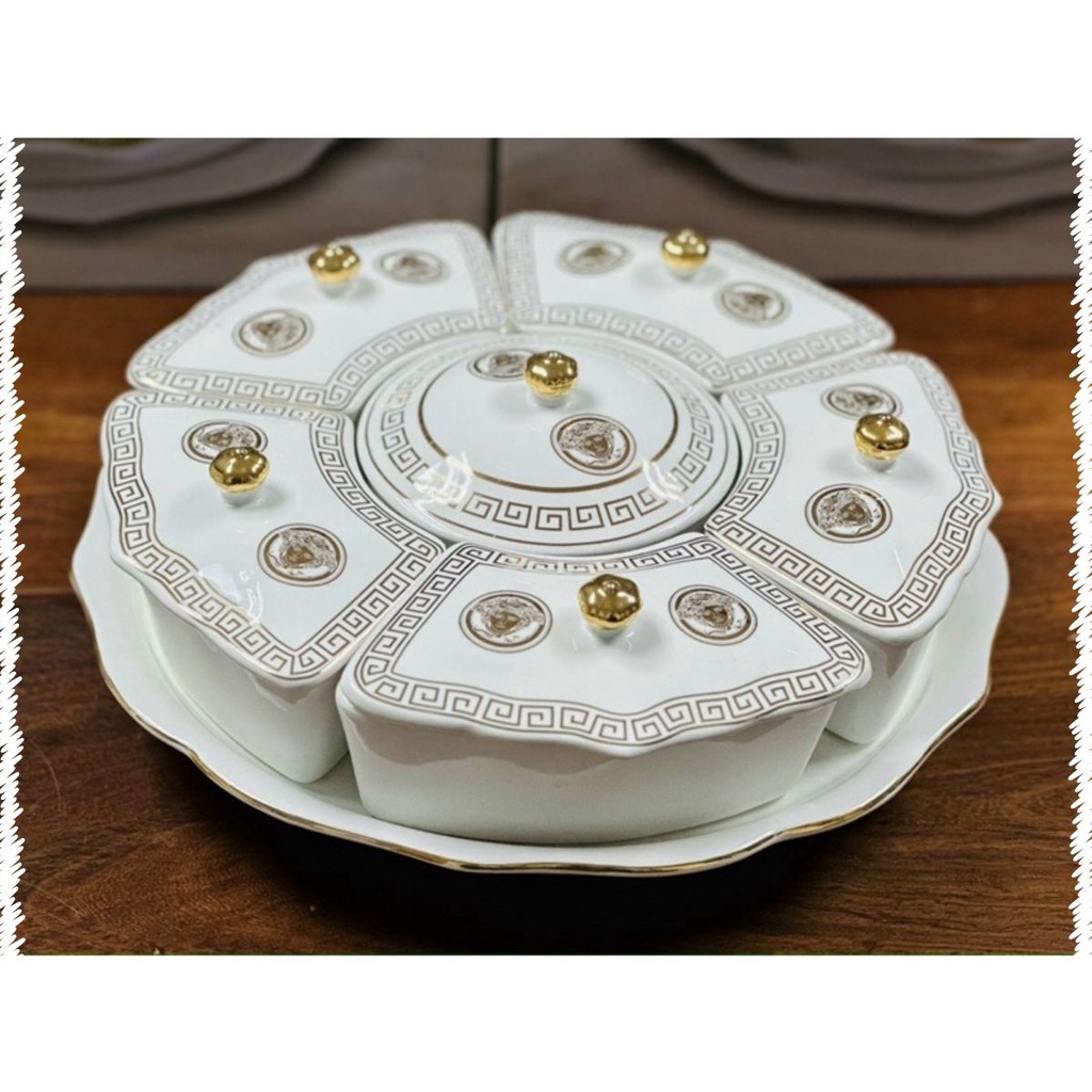 Khay mứt sứ 5 ngăn có nắp đậy cao cấp, đường kính 37cm
