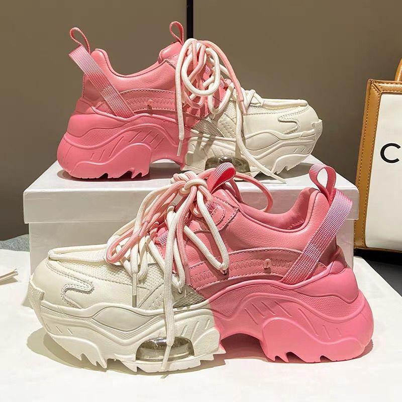 Giày Sneaker Da Mềm Đế Dày Tăng Chiều Cao Màu Hồng Thời Trang Xuân Thu Cho Nữ