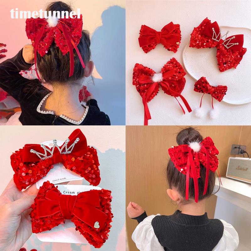 Kẹp Tóc Hình Nơ Phối Tua Rua Màu Đỏ Phong Cách Trung Hoa Mừng Năm Mới Cho Bé Gái