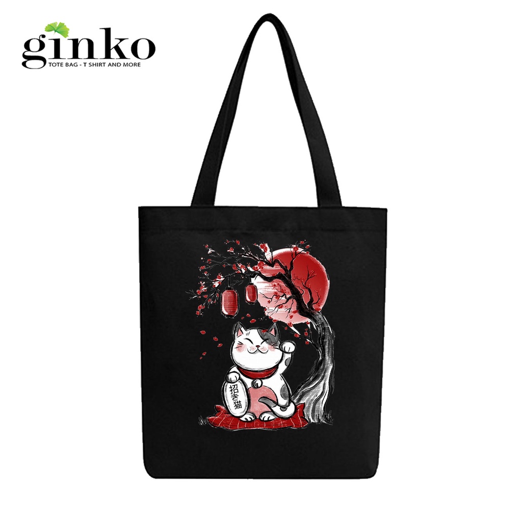 Túi Tote Vải Canvas GINKO Kiểu Basic có dây kéo khóa (có túi con) In Hình Mèo Thần Tài Manekineko 2023-GK19