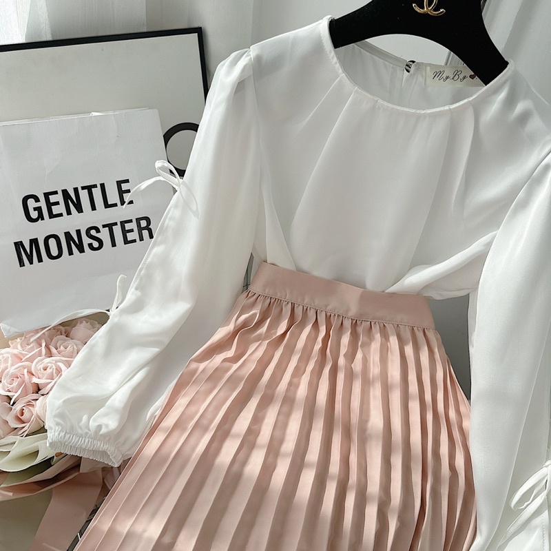 SET ÁO VOAN TRẮNG KHOÉT TAY THẮT NƠ CHÂN VÁY MIDI DẬP LY 🤎