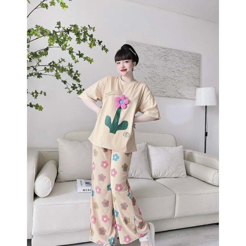 ❤️CÓ BIGSIZE ĐẾN 85KG❤️ Set đồ nữ quần dài ống suông họa tiết hoa thêu chắc chắn Set bộ đi chơi bigsize D13