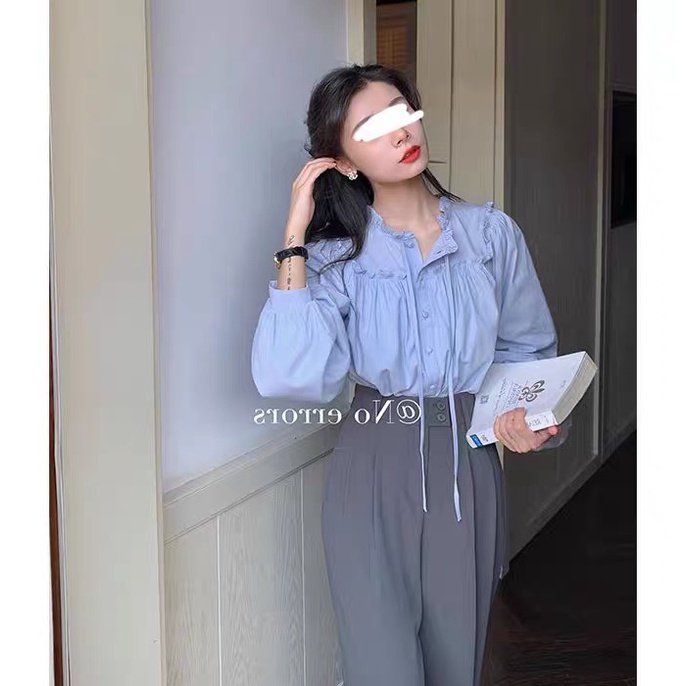 Áo sơ mi nữ ❤️SALE❤️ Sơ mi kiểu phối bèo thắt nơ tay bồng - hàn quốc