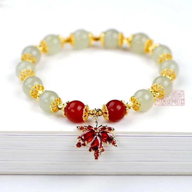Hàng Có Sẵn Vòng Tay Hai Lớp Lá Phong Màu Đỏ Mã Não Sang Trọng Phong Cách Trung Hoa Cho Nữ