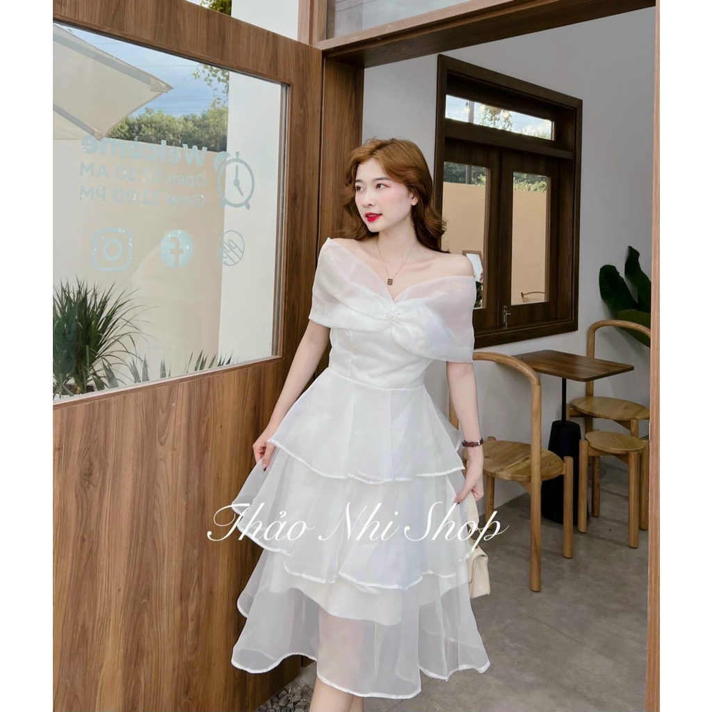 (Sale FreeShip) Đầm midi nữ dự tiệc,đầm voan trắng trễ vai thiết kế tầng dễ thương,đầm nữ dáng xòe lên from chanh sả