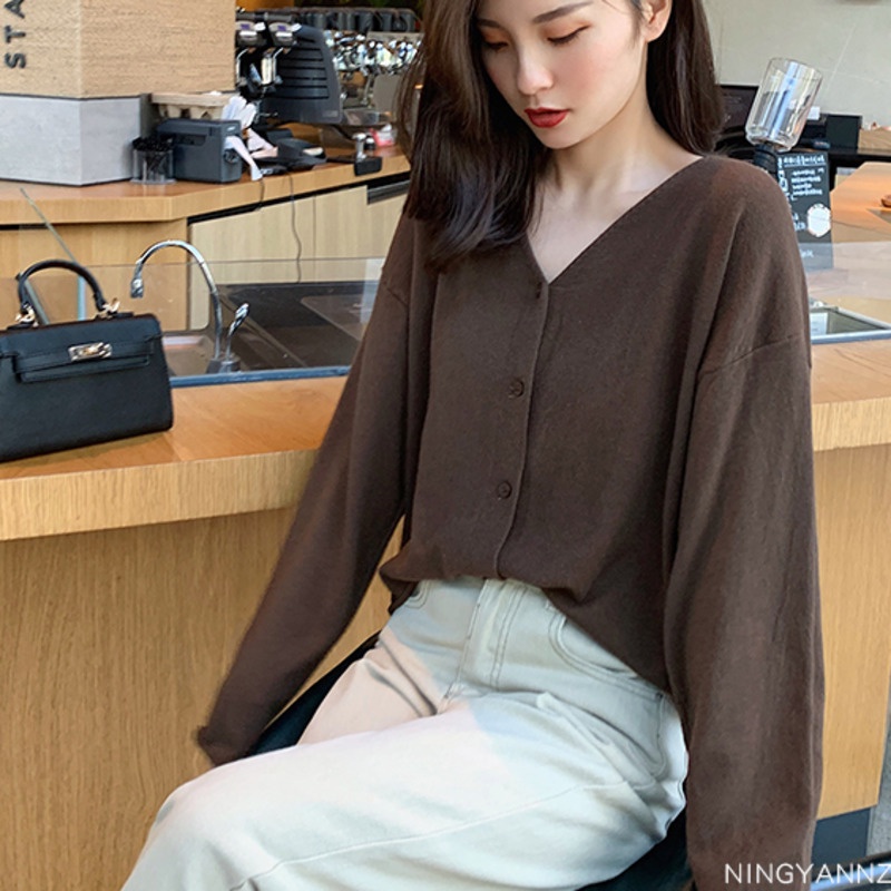 Áo Khoác Cardigan Dệt Kim Tay Dài Cổ Chữ v Màu Sắc Đơn Giản