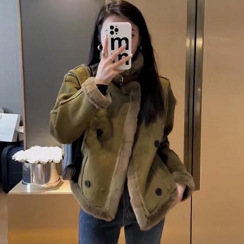 Áo Khoác Da Lộn Lót Lông Mịn Xanh Rêu Đang Hot