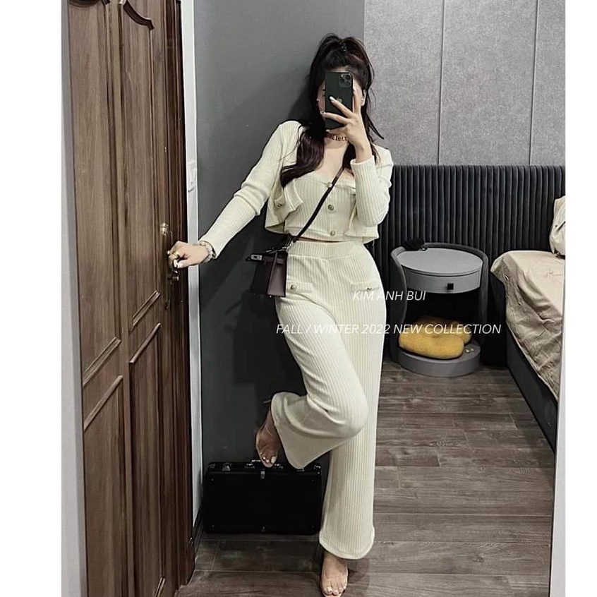 Set 3 Món Nữ Áo Khoác Nữ Kèm Áo 2 Dây Đính Cúc Đồng Mix Quần Culottes Ống Rộng Freesize