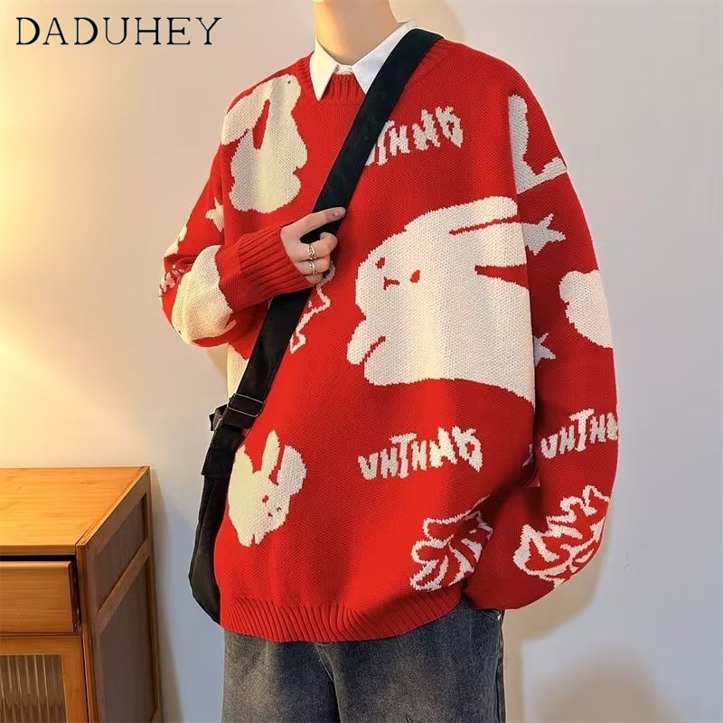 DaDuHey Men 'S And Women 'S Chinese Red Festive Bunny Couple Style Casual Sweater New Rabbit Jacquard Sweater