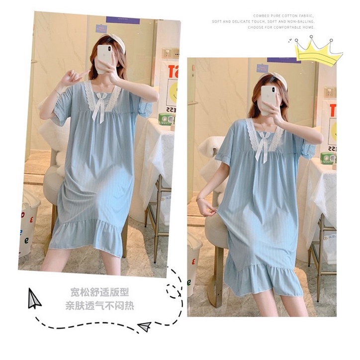 Váy Mặc Nhà Cho Mẹ Bầu Sau Sinh Cho Con Bú Chất Cotton Dệt Kim Co Giãn