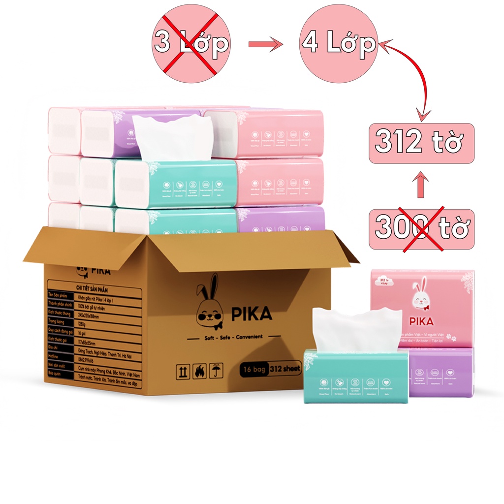 cao cấp | Giấy ăn rút PIKA - Trắng - Mềm mịn - Dai - An Toàn