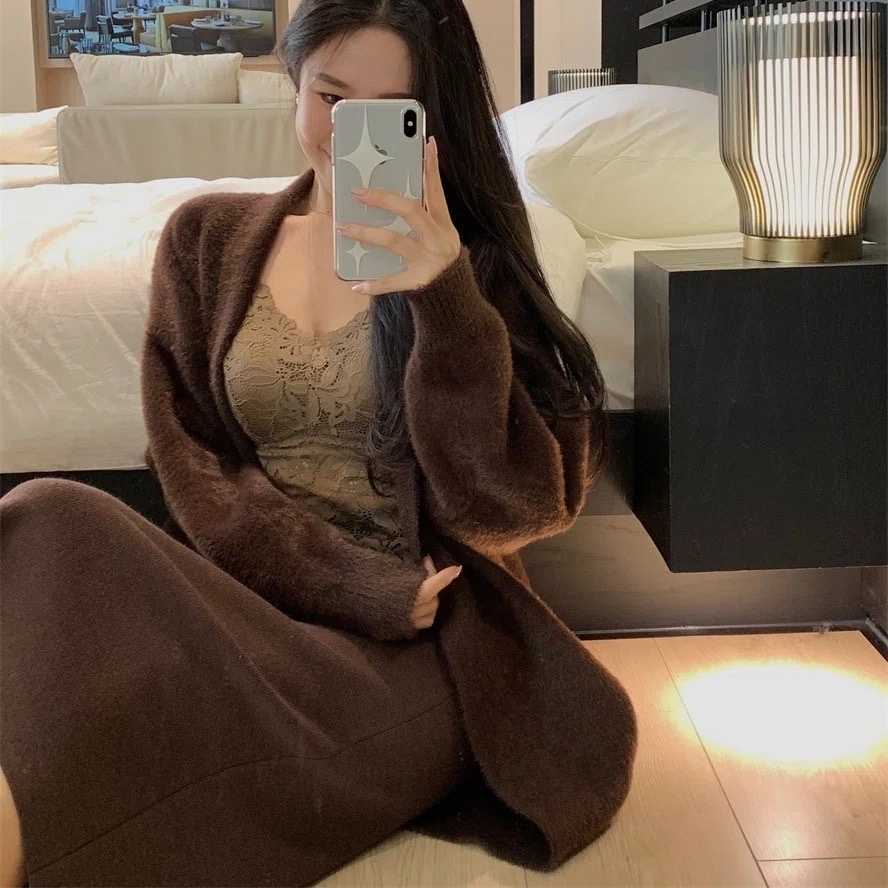 ( Có SẴN) ÁO KHOÁC CARDIGAN LÔNG Thỏ MÀU NÂU Tây DÁNG NGẮN VÀ DÁNG DÀI hàng QUẢNG CHÂU MÃ K748534