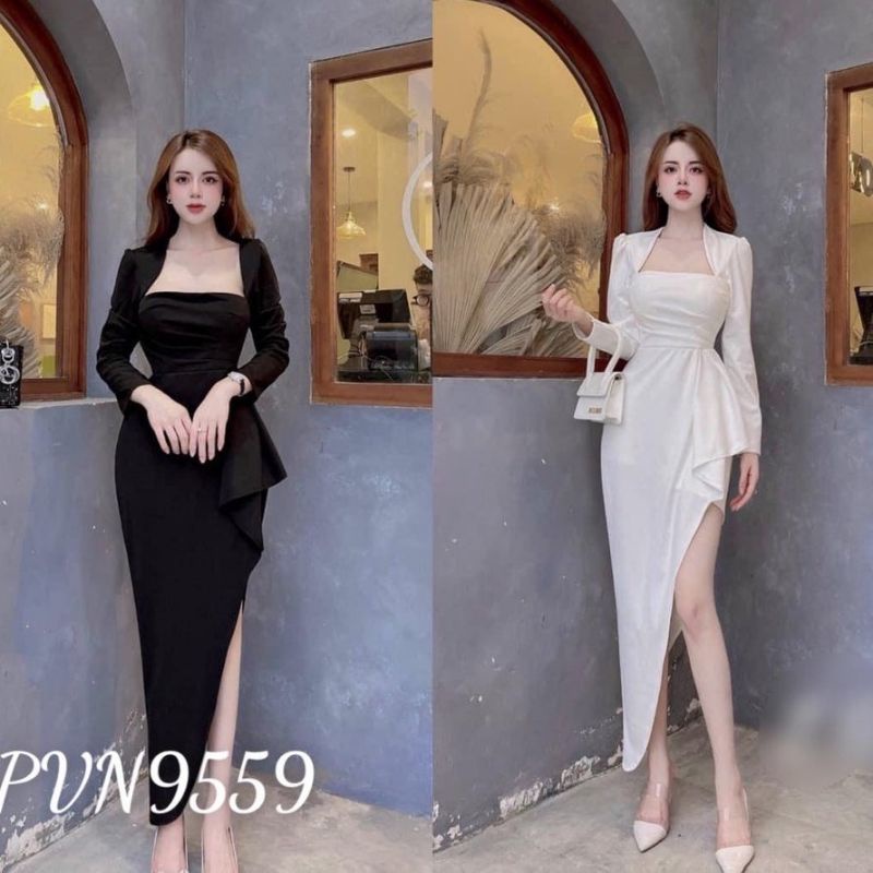 Đầm dự tiệc sự kiện đám cưới xẻ tà lệch tay dài - váy dạ hội cổ vuông vạt chéo sẻ cao phối bèo. váy thiết kế Vip42