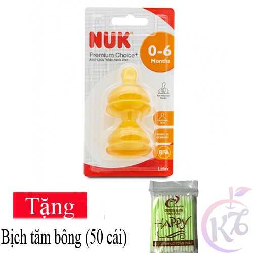 Ty thay bình sữa NUK Cao Su Cổ Rộng size 1L - 2 cái/vỹ Tặng 1 bịch tăm bông - Núm ty thay thế Premium Choice NU66051
