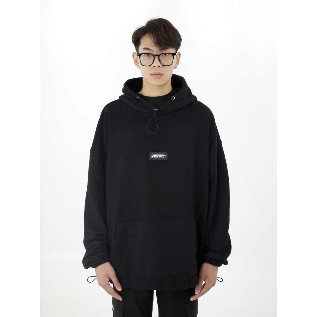 Áo Hoodie TWENTI Nỉ Cotton Trơn Logo Dây Rút
