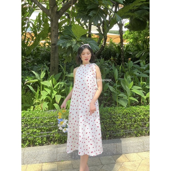 ĐẦM LUCKIE - Đầm yếm nữ hoa đỏ buộc nơ