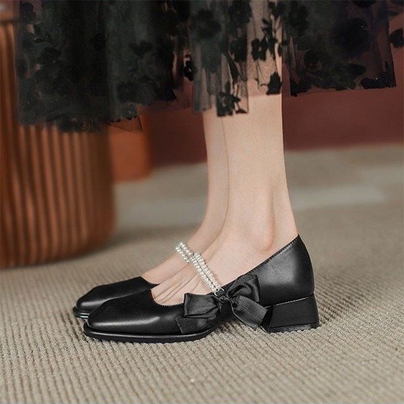 Giày Búp Bê Gót Dày Vừa Đính Nơ Ngọc Trai Thời Trang Cao Cấp Cho Nữ