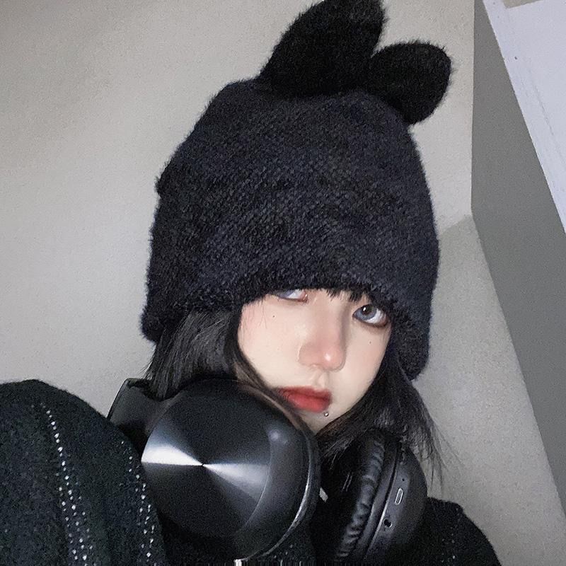 Mũ Len Dệt Kim Dày Dặn Đính Tai Thỏ Dễ Thương Thời Trang Mùa Đông Cho Nữ