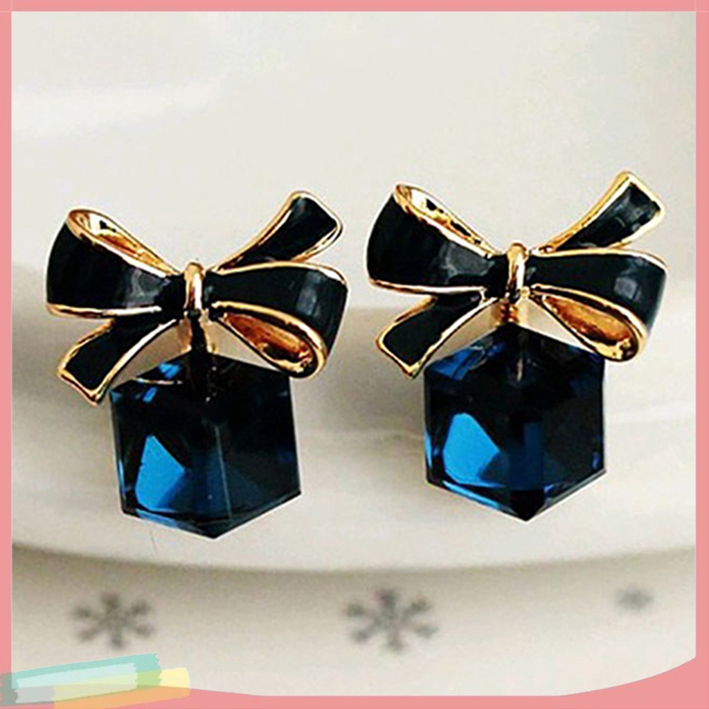 Đôi khuyên tai hình khối Zircon phối nơ thời trang cho nữ