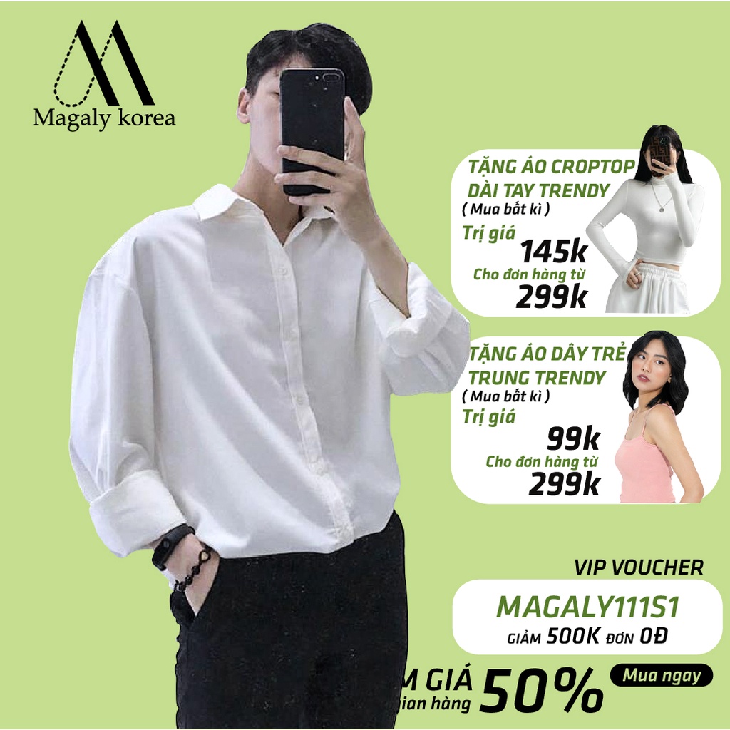 Áo sơ mi nam nữ dài tay Unisex Basic TRƠN Form rộng màu trắng và đen Chất cotton lụa mịn mát Bigsize Magaly Korea