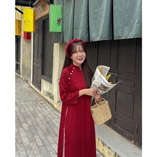 Áo dài lụa trơn kèm mấn đội đầu