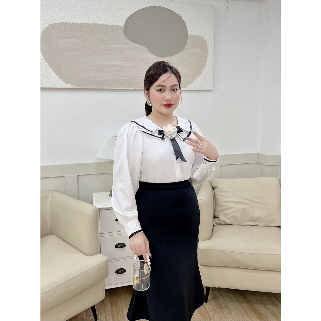 Áo Sơ Mi , Áo Dài Tay Nữ Bigsize Cổ Tròn Phối Nơ Cổ Chất Lụa Hàn Mềm Mịn Dành Cho Người Mập 50.90kg