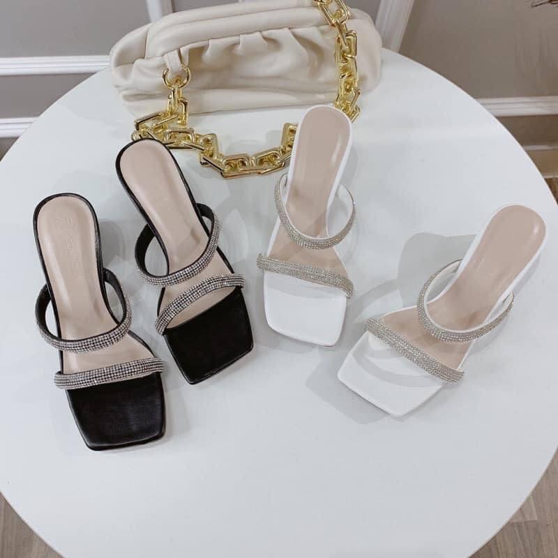 Guốc cao gót mũi vuông 2 quai dây đính xoàn đá gót vuông 3 phân bigsize G010