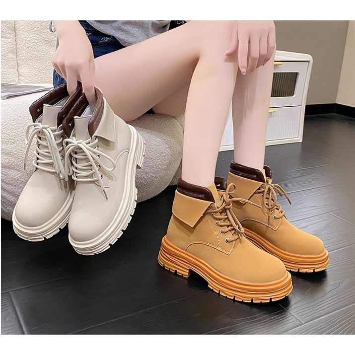 Giày Bốt Nữ Cổ Cao Da Mềm Bóng Đẹp Phong Cách Chiến Binh Cá Tính Giày Boot Martin Đế Dày 5CM Buộc Dây Thời Trang - BT003