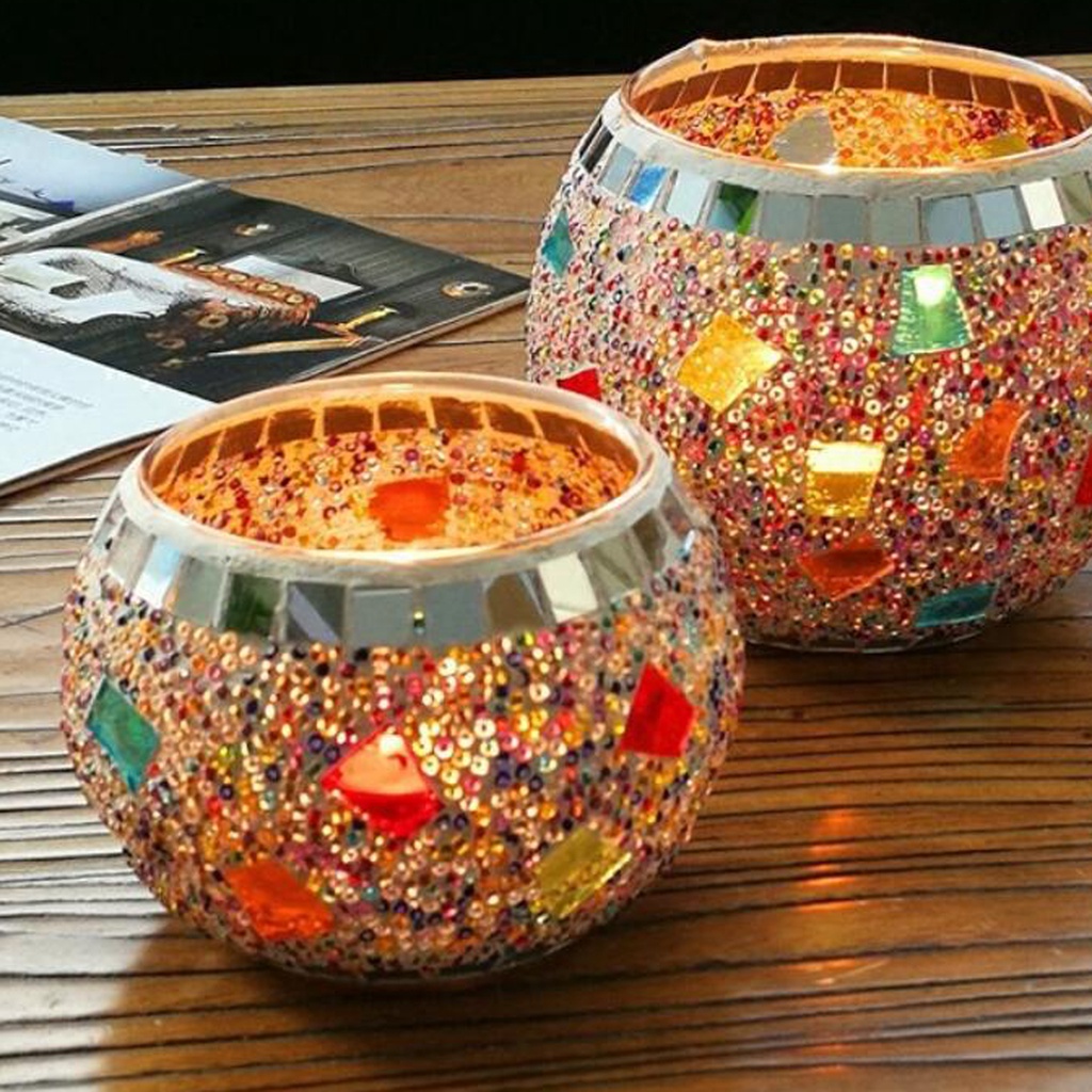 Giá Đỡ Đèn Cầy Thủy Tinh Phong Cách Mosaic Châu Âu Lãng Mạn