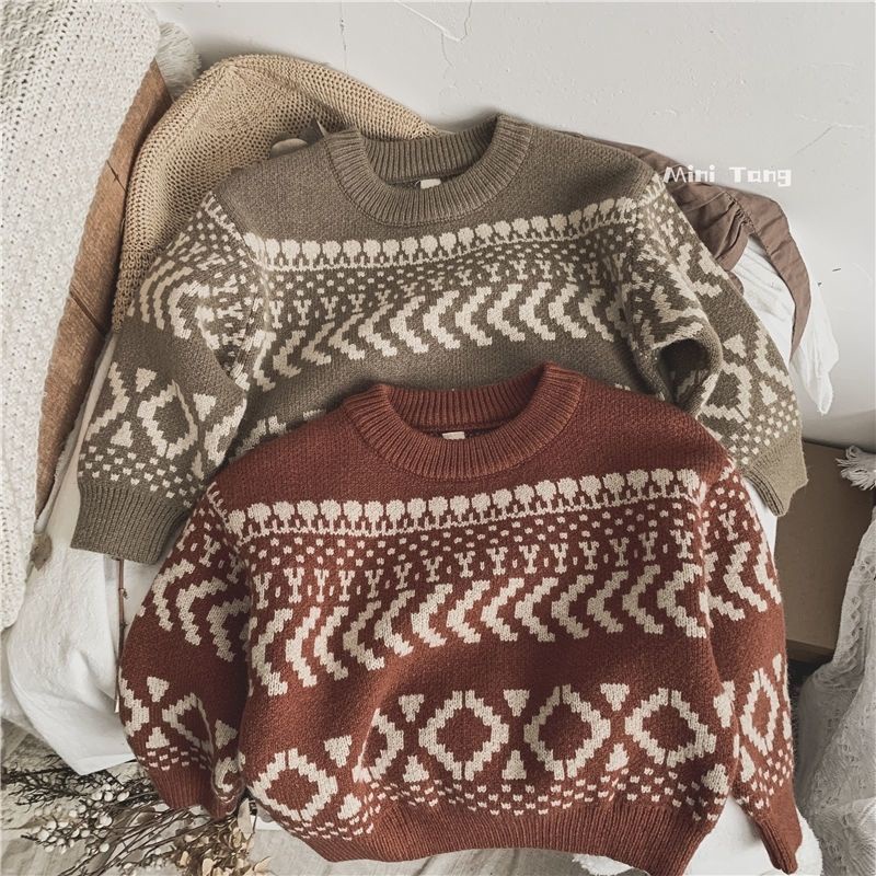 Áo Sweater Dệt Kim Chui Đầu Cổ Thuyền Kiểu Vintage Thời Trang Thu Đông Cho Bé