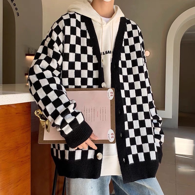 Áo Khoác Cardigan Nỉ Lót Bông Kẻ Caro Đen Trắng Ulzzang Hàn Quốc