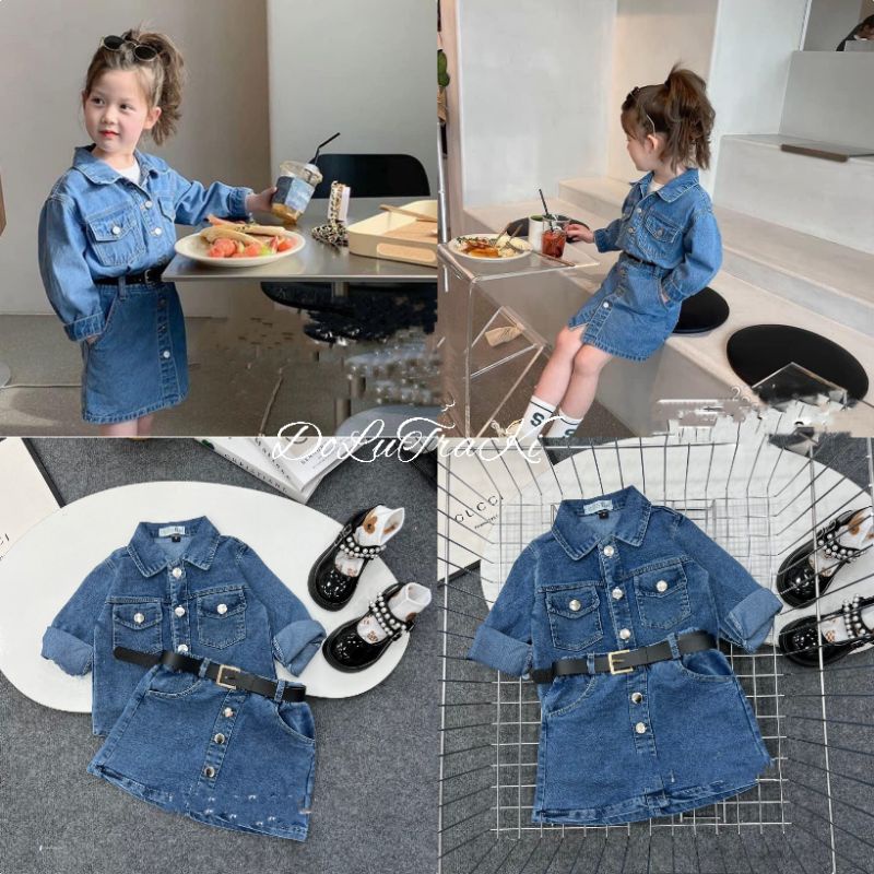 Set váy áo jean mềm kèm đai phong cách xinh xắn bé gái