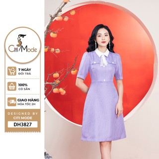 Đầm công sở CITI MODE FASHION thiết kế dáng A tím phối cổ đức trắng DH3827