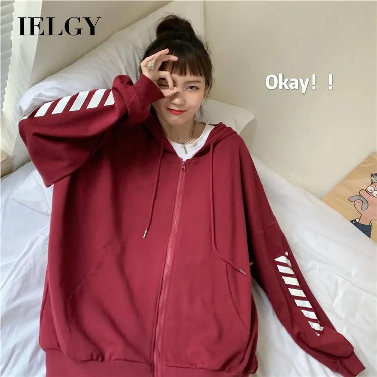 IELGY Áo Hoodie Mỏng Dáng Rộng Phối Khóa Kéo Phong Cách Hàn Quốc Cho Nữ