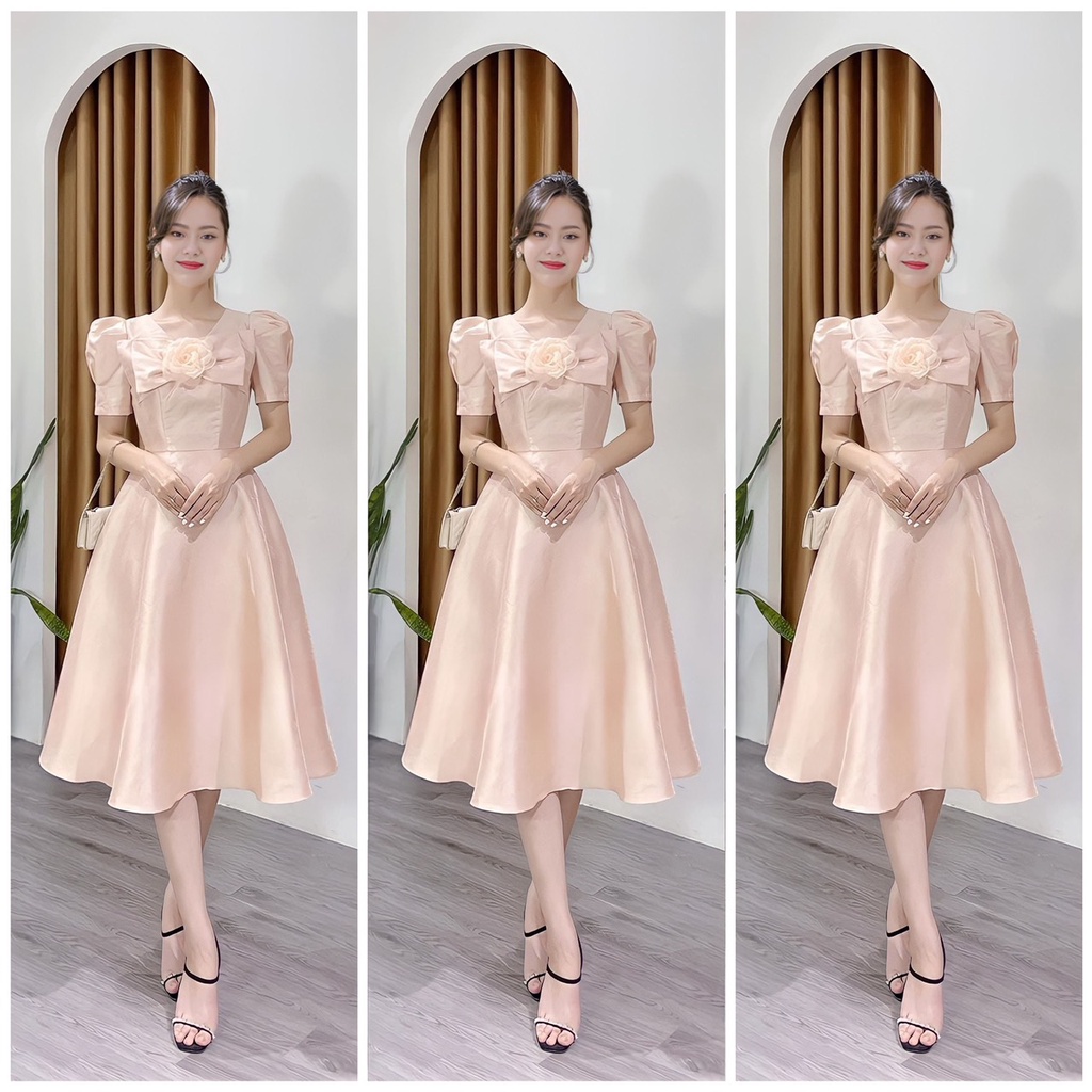 Đầm tiểu thư dáng dài, đầm nữ đi chơi dễ thương với thiết kế nơ phối hoa ngực chất vải tapta cao cấp