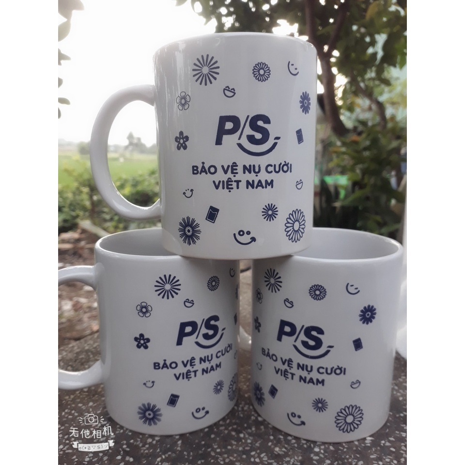 Ly gốm sứ trắng men có quai quà P/S, Ly sứ có quai dày, cốc sứ uống nước, ly sứ uống nước quà PS
