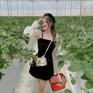 Đầm tiểu thư thời trang nữ sang chảnh đi tiệc chất nhung cứng cổ dây tay dài phối nhún dáng chữ A mini