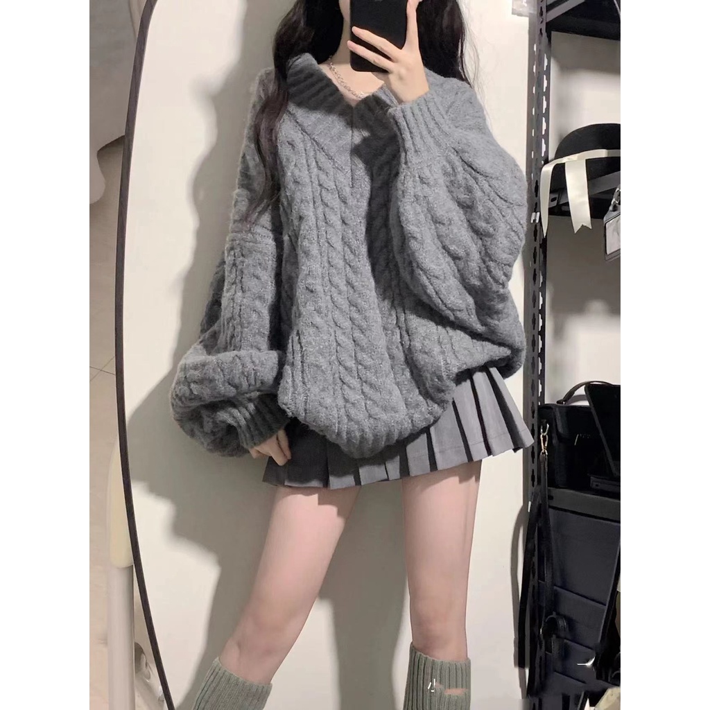 Bộ Áo Sweater Cổ Chữ v + Chân Váy Xếp Ly Dài Trung Bình Phong Cách Mori Dễ Thương Thời Trang Thu Đông Cho Nữ