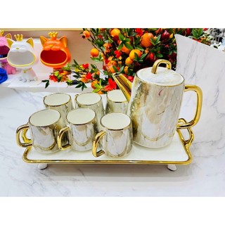 Bộ ấm trà sứ viền vàng cao cấp men Vân đá có khay Đựng bộ 6 cốc + 1 bình + 1 khay cực đẹp cực sang trọng